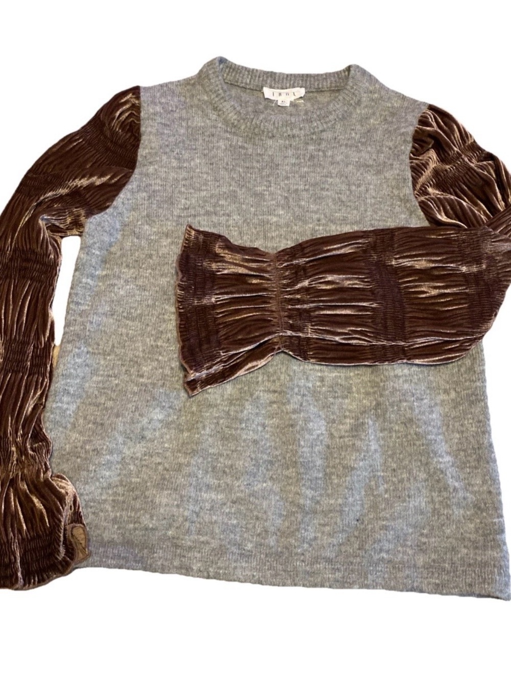 THML Boho Gray Mixed-Media
Knit Sweater Top /Brown Velvet Statement Sleeves XL